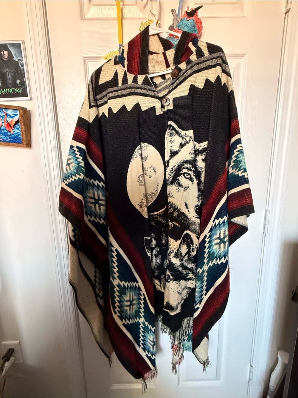 Handmade Tribal Wolf Poncho Sweater - Black, Cream, Teal & Burgundy